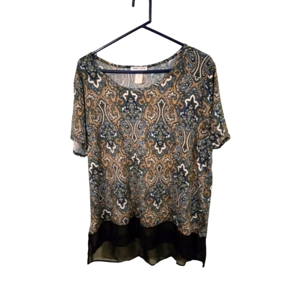 BoHo Geo Print Tunic Carol Rose Sheer Colorblock Hem Office Casual  Plus Size 1X
